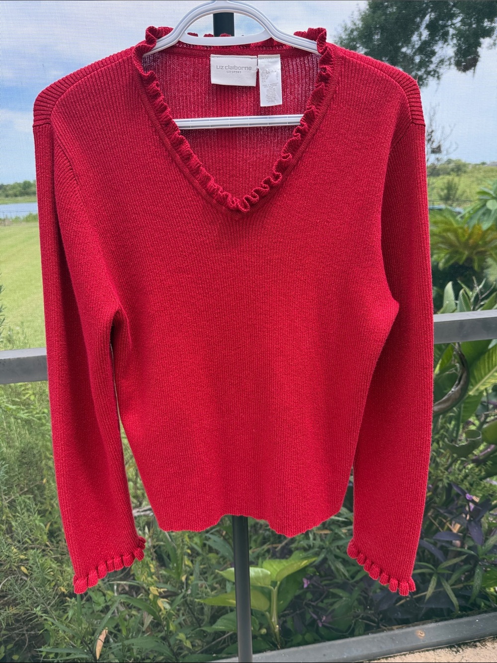 Liz Claiborne sparkle Bright Red V-Neck Sweater with Ruffle Trim